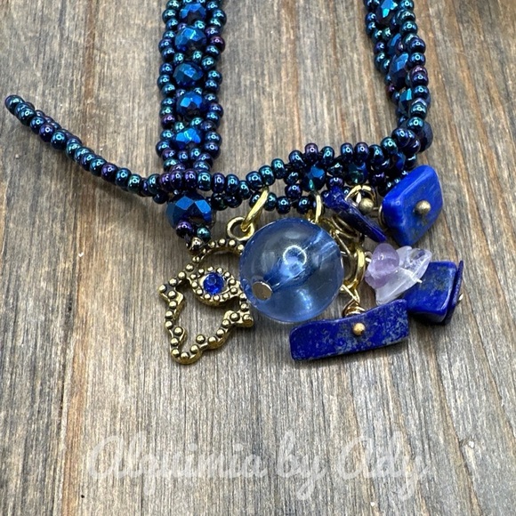 Gold rosary seed beaded lapis lazuli adjustable bracelet multi charms - Picture 1 of 2